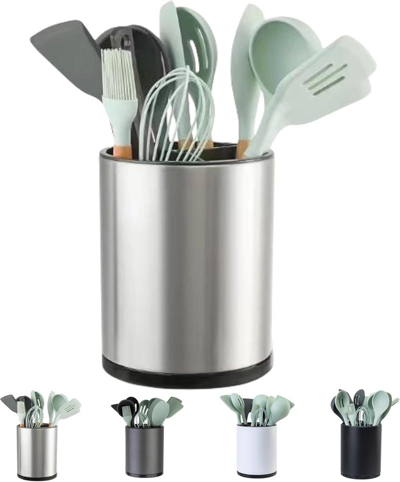 LIBODOUR Kitchen Utensil Holder Extra Large 360°Rotating For Counter Organizer Stainless Steel Storage Cooking Silverware Caddy 3 Compartment Flatware Spoon Spatula Tool Cutlery Container（Silvery） - Image 1